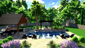 A software rendering of an outdoor pool surrounded with palm trees