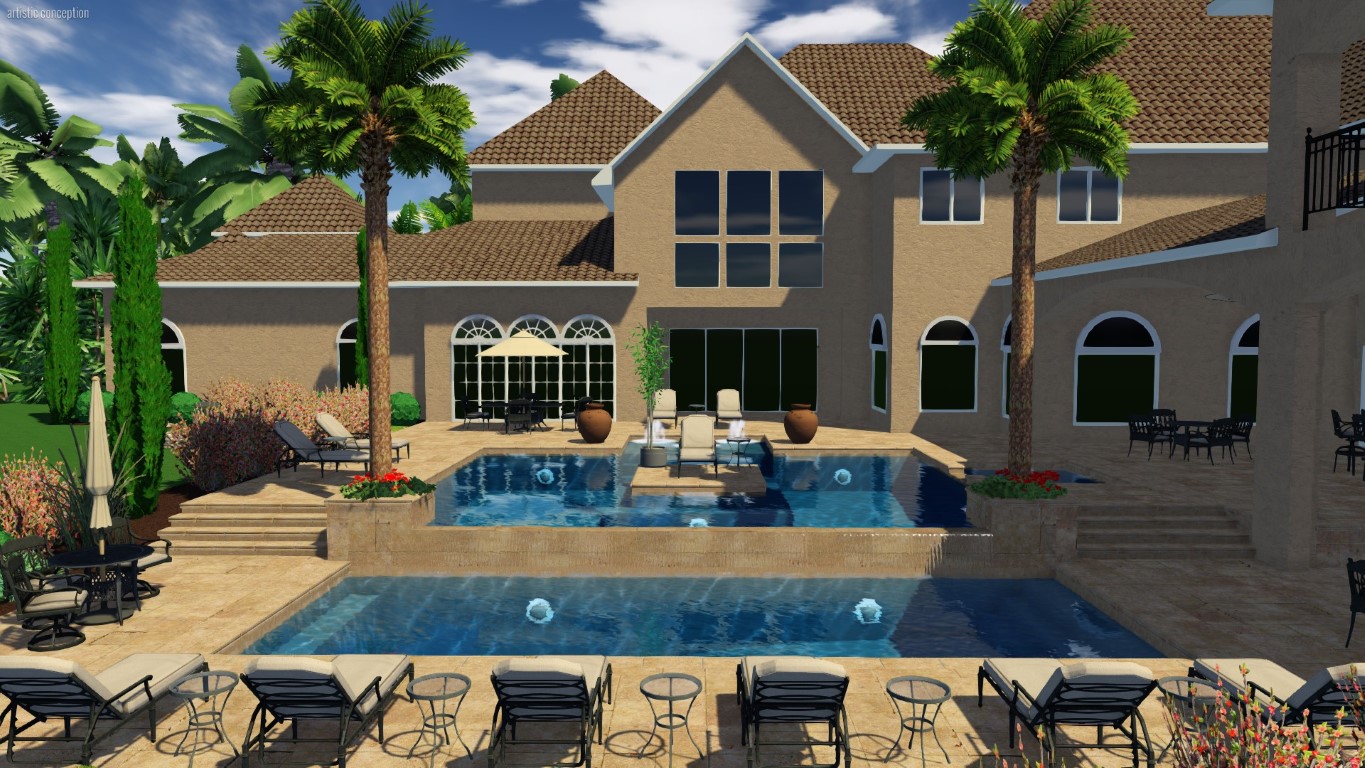 A software rendering of a two-tiered swimming pool