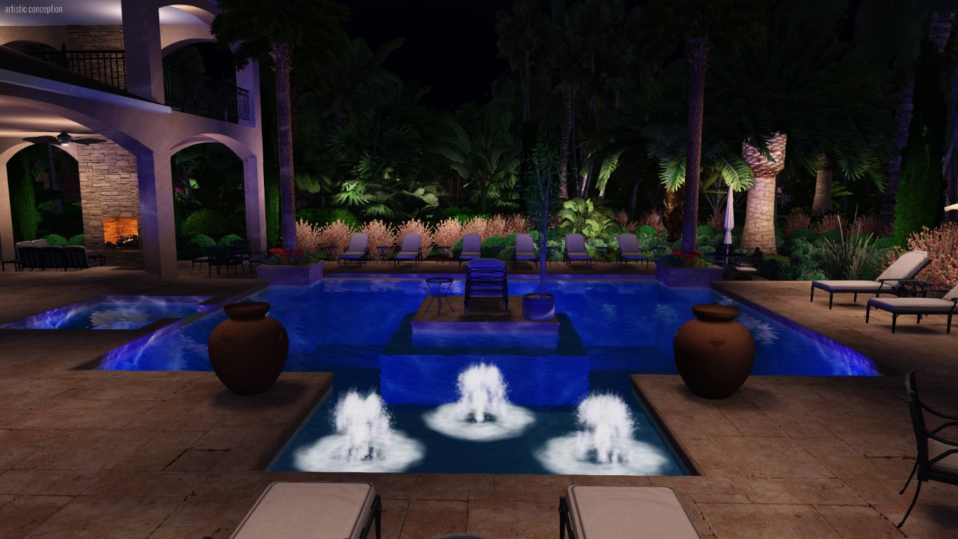 A software rendering of a pool with a dry sitting area in the center (night)