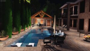 Software rendering of a pool facing an outdoor dining area (night)