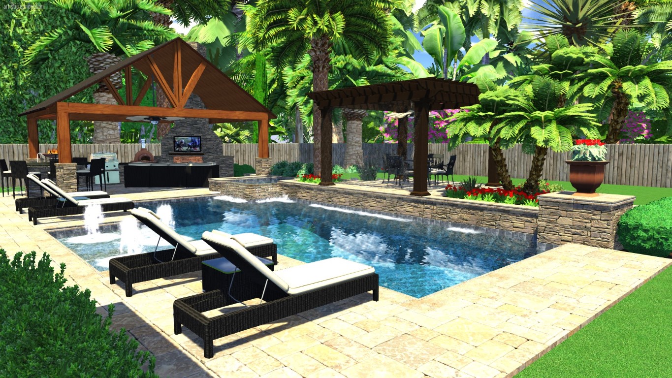 A software rendering of an outdoor pool surrounded with palm trees (side)