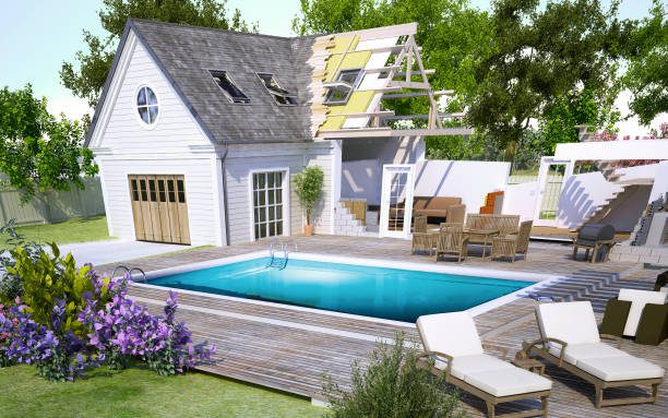 Compact Pool Design Ideas 3D rendering of a house with pool under construction