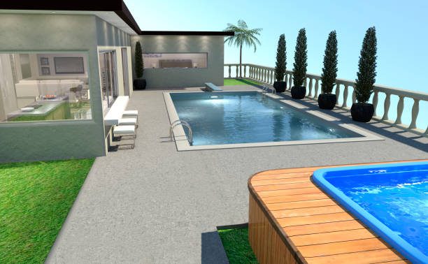 Compact Pool Design Ideas 3D rendering of a luxury house and a pool outside